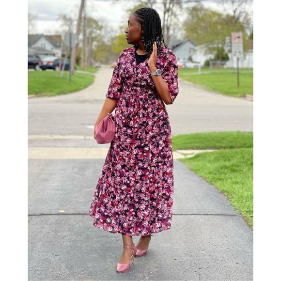 Ingrid Isabel Womens Maternity Dress Floral Midi Long Sleeve Ruffle Boho NWT - Picture 2 of 4